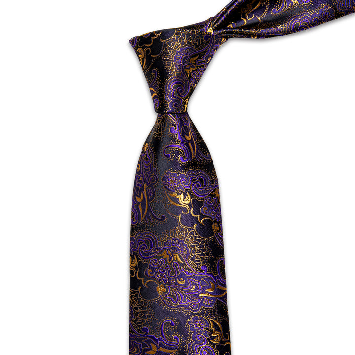 Purple Gold Black Novelty Men's Necktie Hanky Cufflinks Set