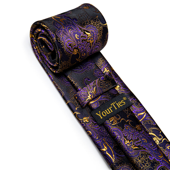 Purple Gold Black Novelty Men's Necktie Hanky Cufflinks Set