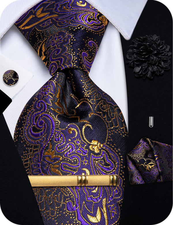  Purple Tie Black Gold Paisley Jacquard Necktie for Suit Casual
