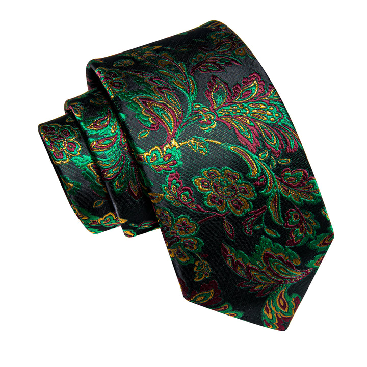  Green Floral Leaf Men's Necktie Pocket Square Cufflinks Set