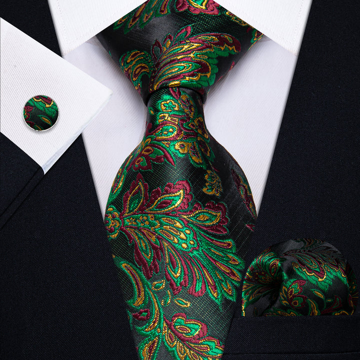  Green Floral Leaf Men's Necktie Pocket Square Cufflinks Set