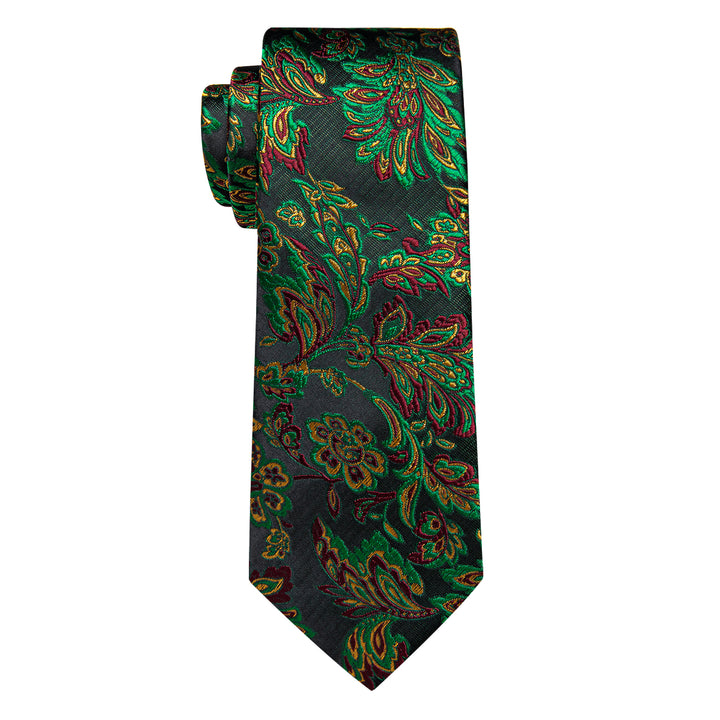  Green Floral Leaf Men's Necktie Pocket Square Cufflinks Set