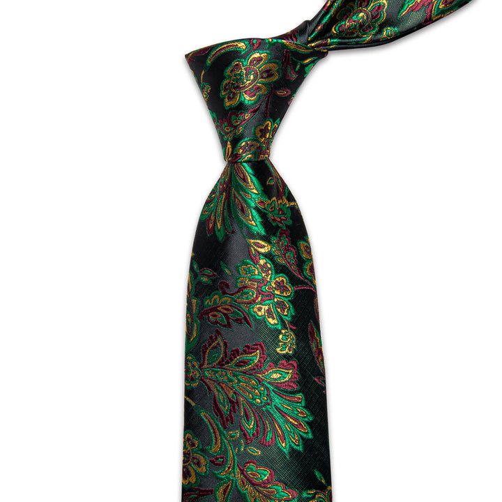  Green Floral Leaf Men's Necktie Pocket Square Cufflinks Set