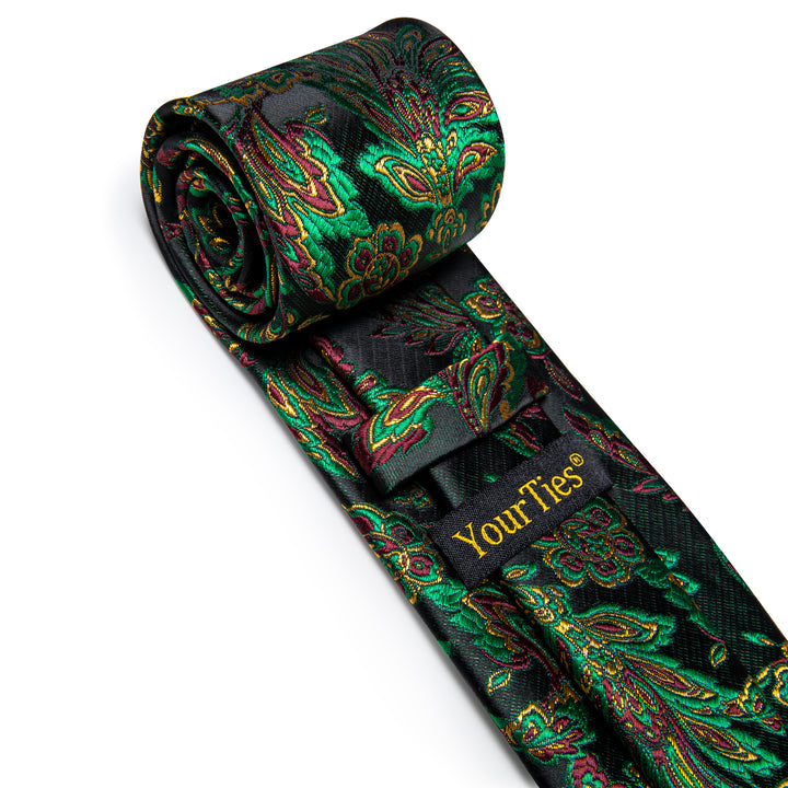  Green Floral Leaf Men's Necktie Pocket Square Cufflinks Set