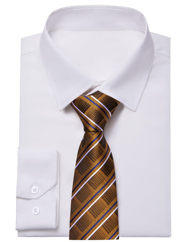 YourTies White Solid Long Sleeve Shirt with Deep Brown Striped Silk Tie for Men