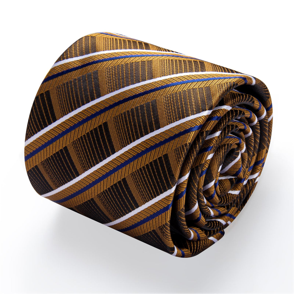Brown Tie with Dijion Yellow Blue White Stripes Formal Necktie