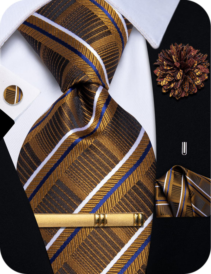 Brown Tie with Dijion Yellow Blue White Stripes Formal Necktie