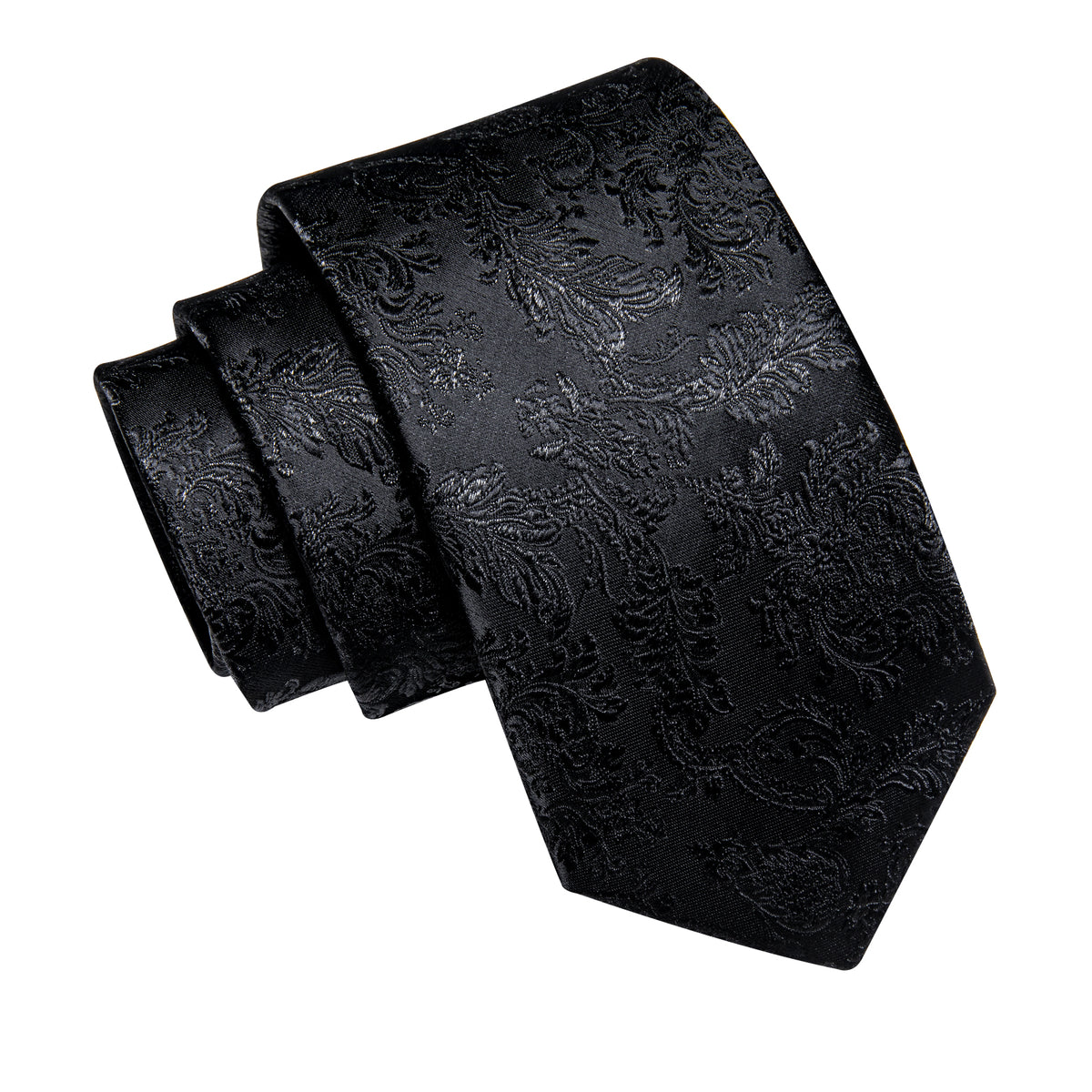  Black Floral Leaf Men's Necktie Pocket Square Cufflinks Set