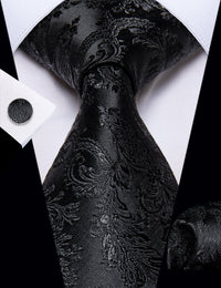 YourTies Black Floral Leaf Men's Necktie Pocket Square Cufflinks Set