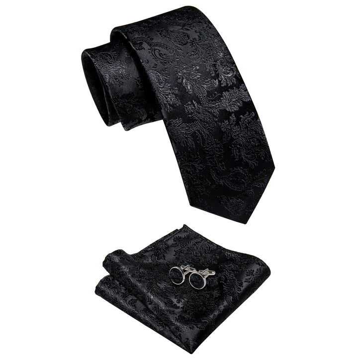  Black Floral Leaf Men's Necktie Pocket Square Cufflinks Set