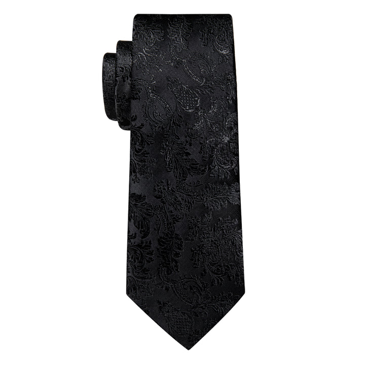  Black Floral Leaf Men's Necktie Pocket Square Cufflinks Set