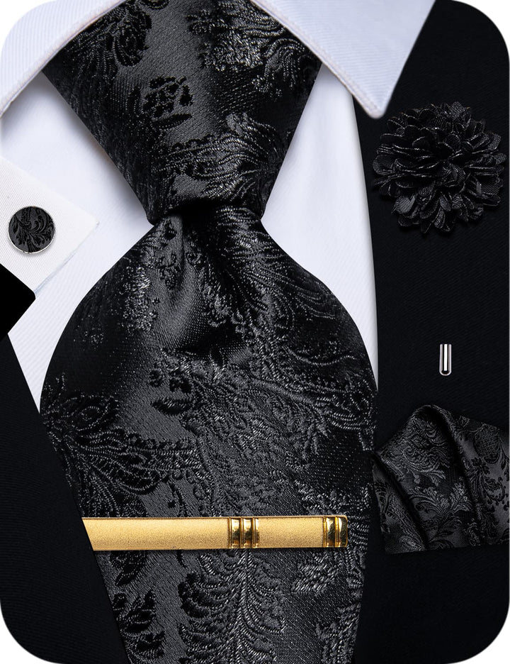  Black Tie Men's Jacquard Floral Wedding Formal Necktie Set