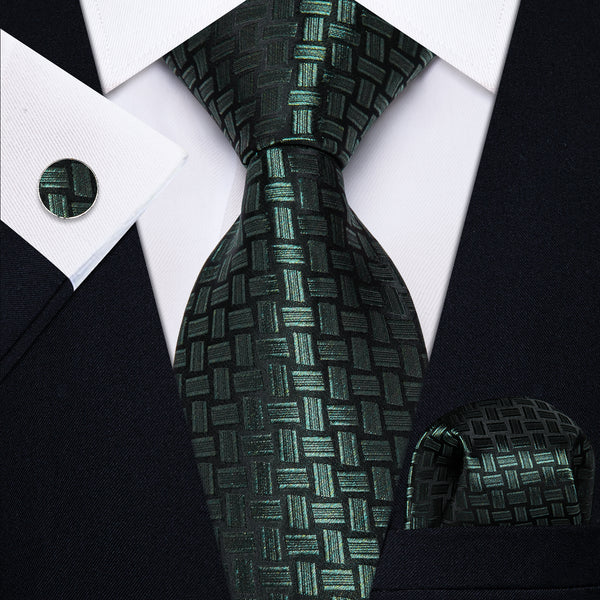  Green Black Novelty Rectangle Men's Tie Hanky Cufflinks Set