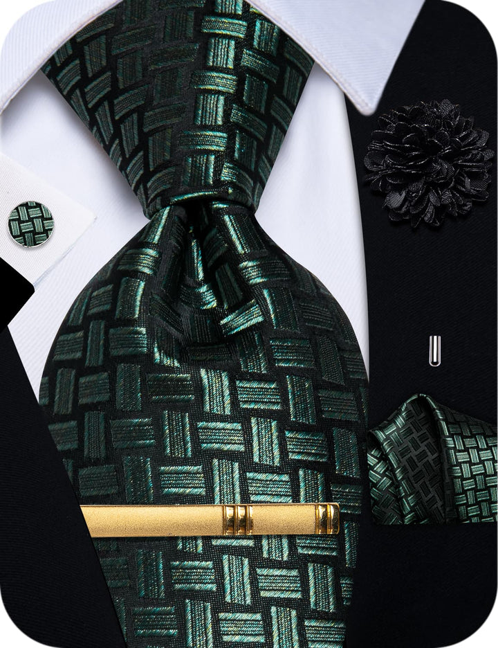  Sage Green Tie Black Green Jacquard Geometric Necktie Set