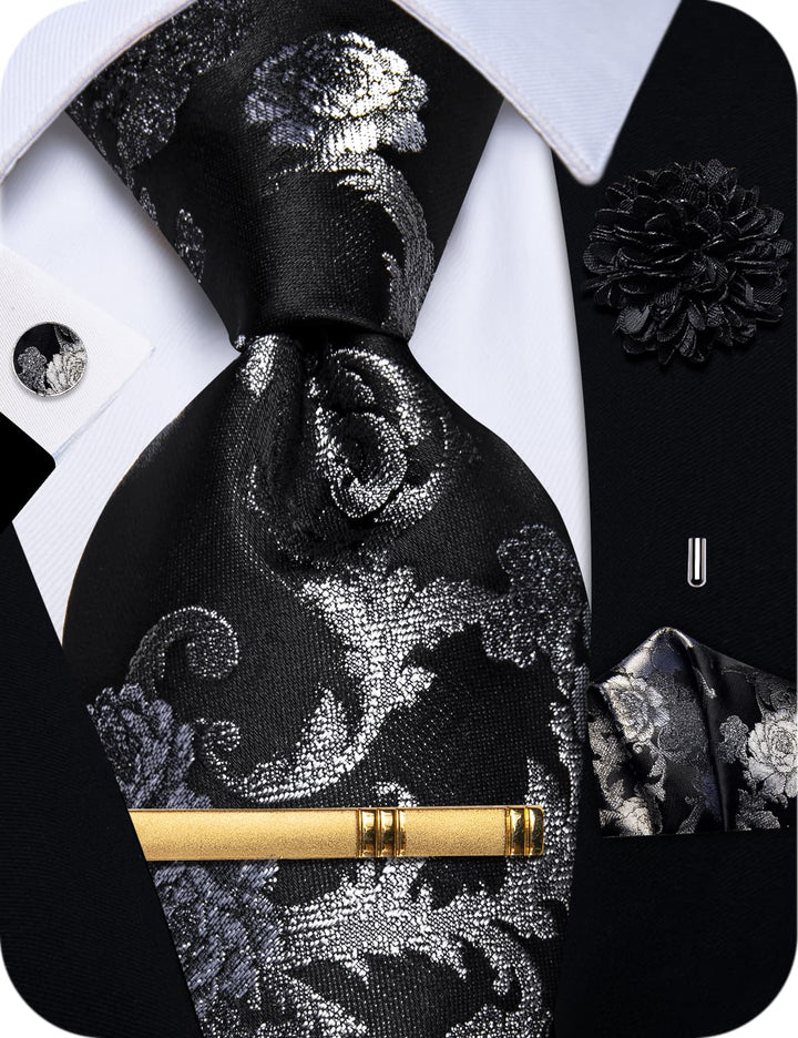  Black Tie Silver Roses Jacquard Floral Wedding Neck Tie Set