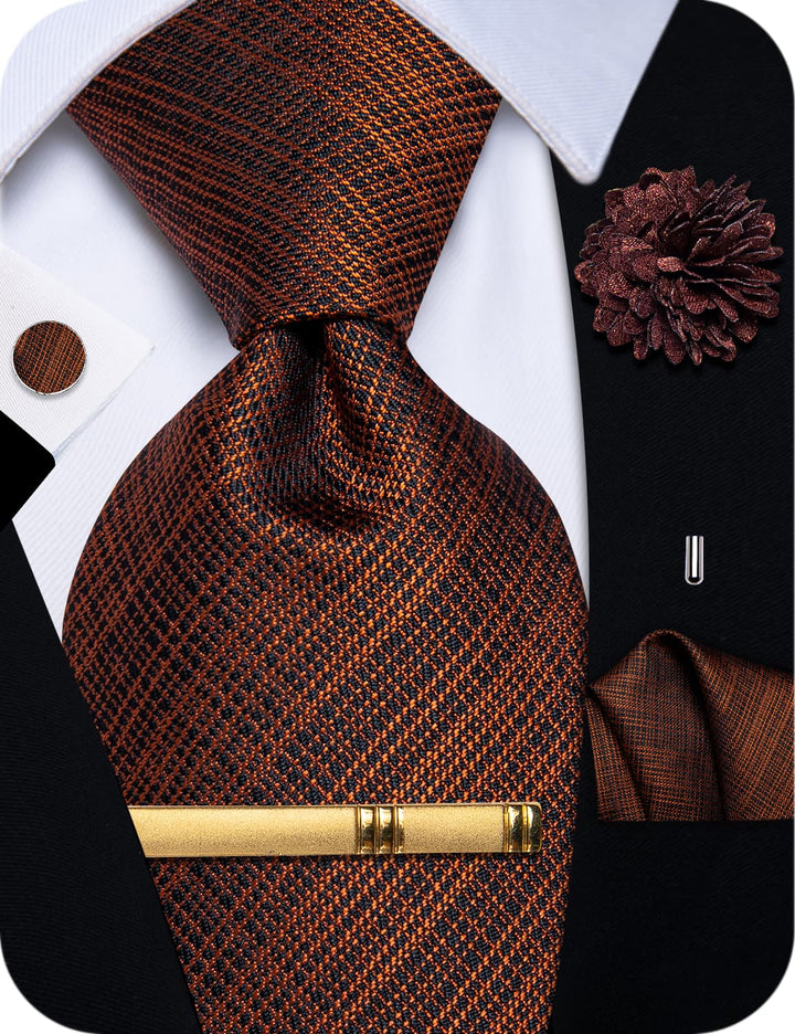 Brown Tie Chocolate Brown Lines Jacquard Plaid NeckTie Set