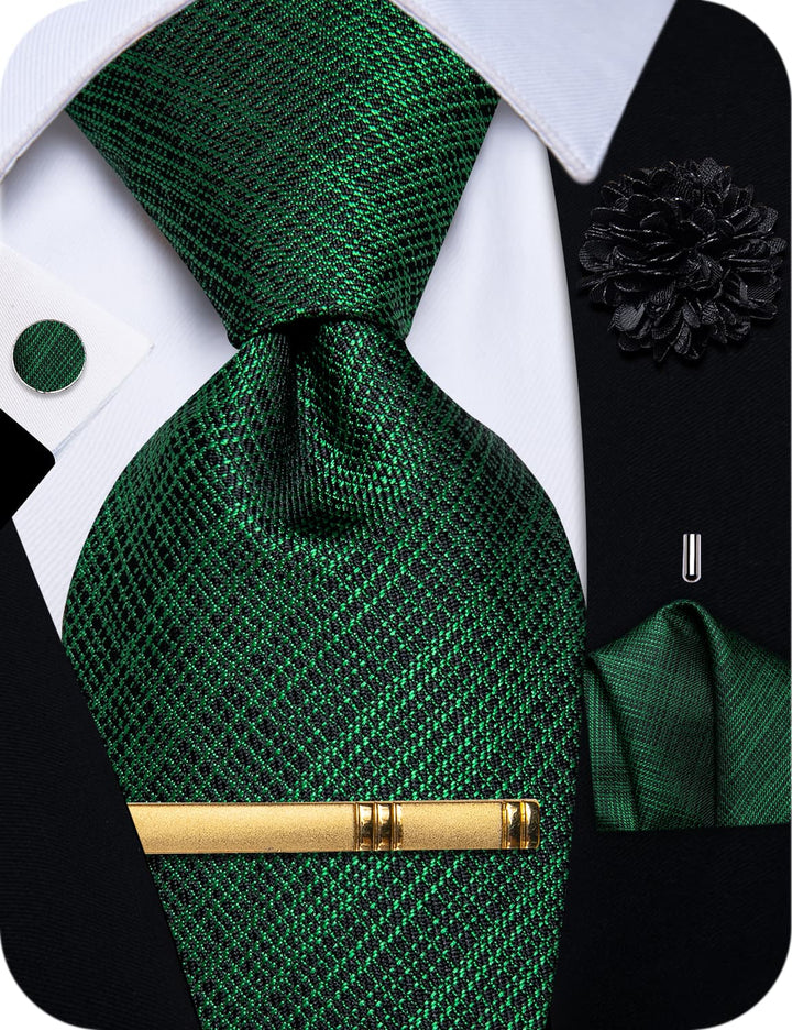 Green Tie Emerald Green Lines Jacquard Plaid Men's NeckTie Set