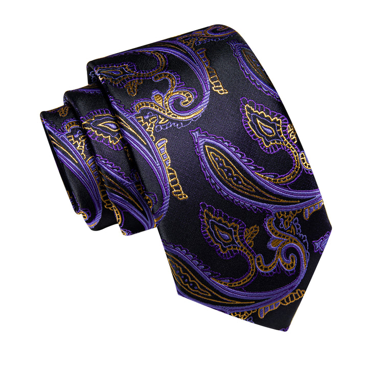 Purple Gold Paisley Men's Wedding Necktie Pocket Square Cufflinks Set