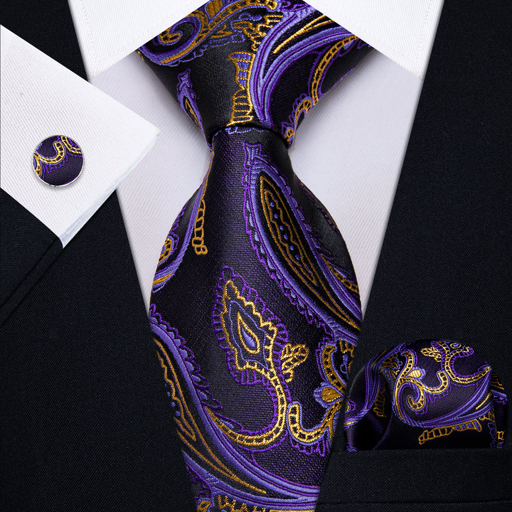 Purple Gold Paisley Men's Wedding Necktie Pocket Square Cufflinks Set