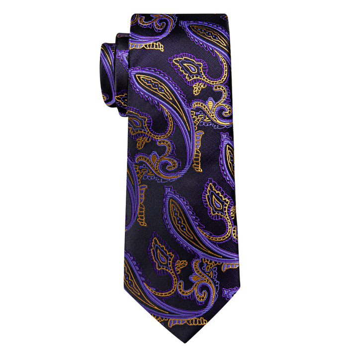 Purple Gold Paisley Men's Wedding Necktie Pocket Square Cufflinks Set