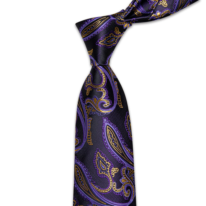 Purple Gold Paisley Men's Wedding Necktie Pocket Square Cufflinks Set