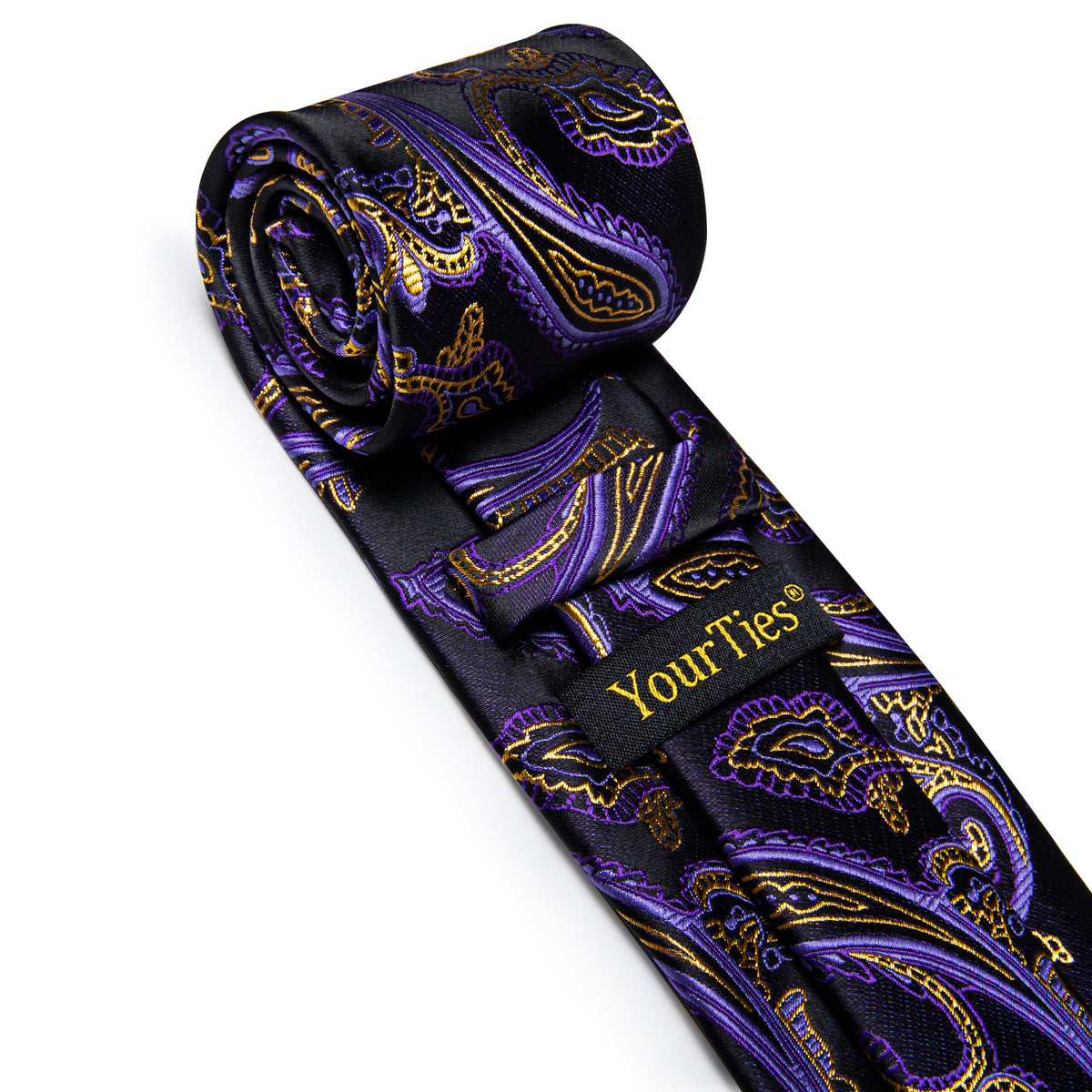 Purple Gold Paisley Men's Wedding Necktie Pocket Square Cufflinks Set
