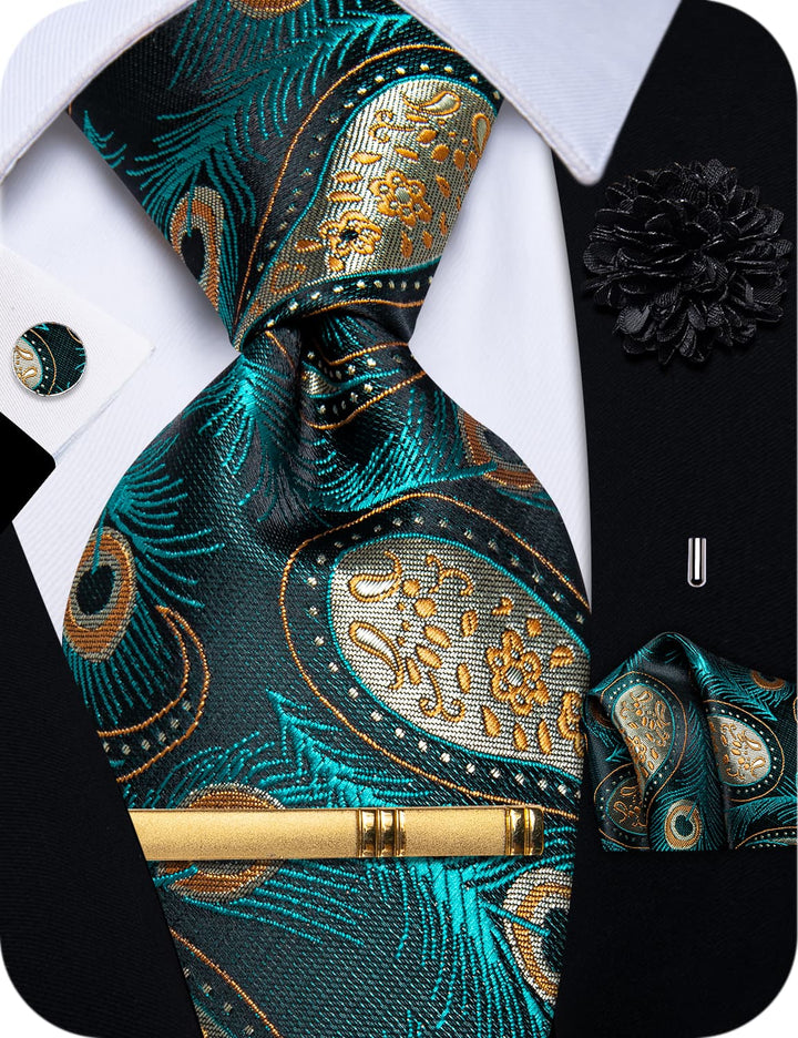 Teal Tie Beige Orange Peacock Feathers Novelty Necktie Set