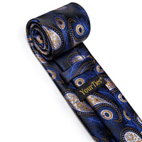 YourTies Blue Yellow Paisley Feather Men's Necktie Pocket Square Cufflinks Set