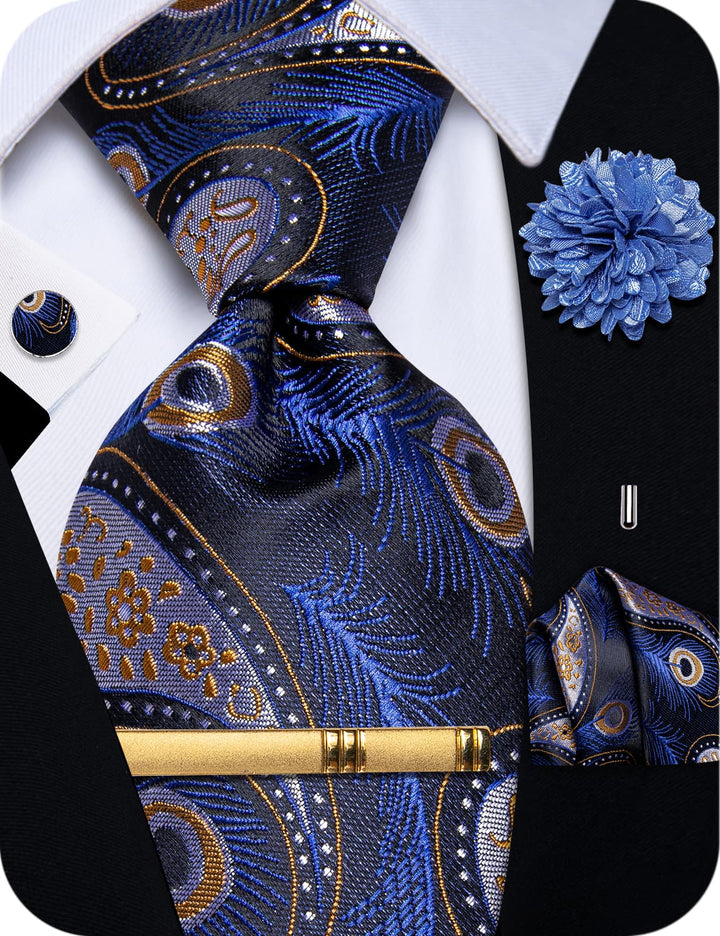 Light Steel Blue Orange Peacock Feathers Novelty Neck Tie Set