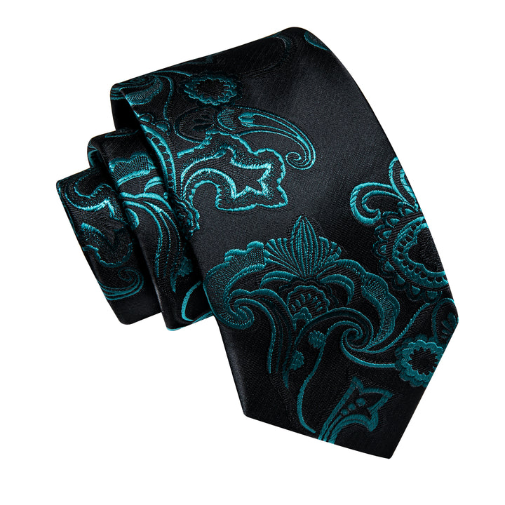 YourTies Blue Green Floral Men's Necktie Pocket Square Cufflinks Set