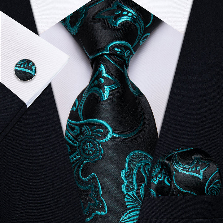 YourTies Blue Green Floral Men's Necktie Pocket Square Cufflinks Set