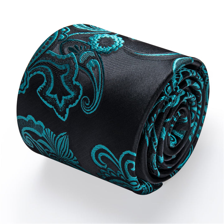  Black Tie for Men Teal Jacquard Floral New Formal Necktie Set