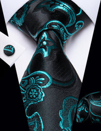 YourTies Blue Green Floral Men's Necktie Pocket Square Cufflinks Set