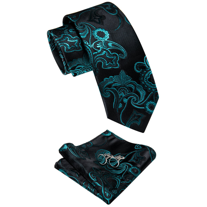 YourTies Blue Green Floral Men's Necktie Pocket Square Cufflinks Set