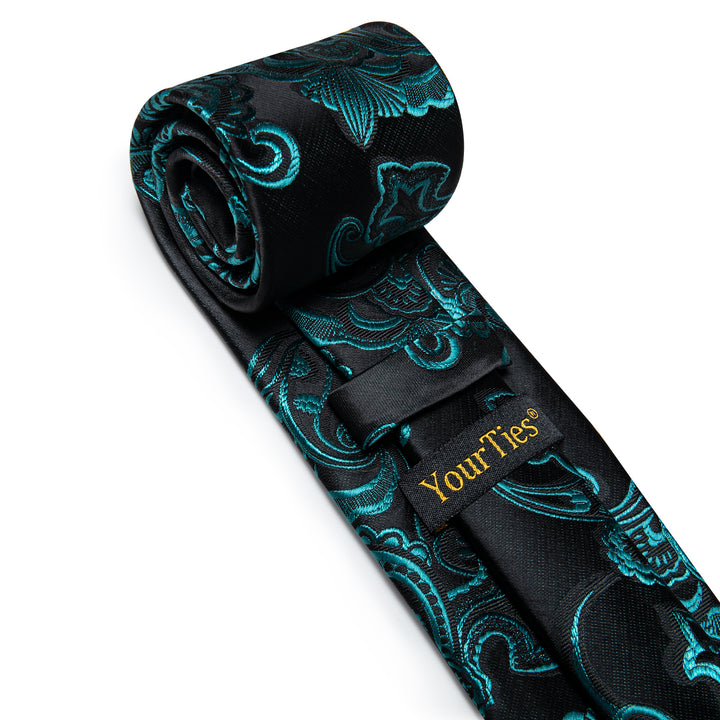 YourTies Blue Green Floral Men's Necktie Pocket Square Cufflinks Set