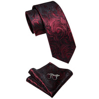 Red Black Novelty Men's Necktie Pocket Square Cufflinks Set