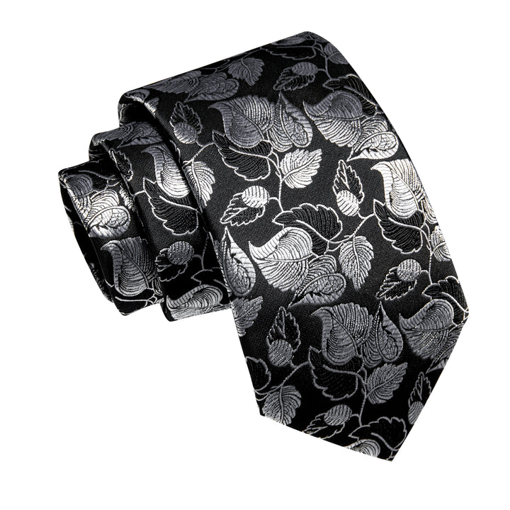  Black Wedding Tie Silver Floral Leaf Jacquard Men Necktie Set