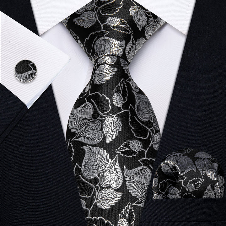  Black Wedding Tie Silver Floral Leaf Jacquard Men Necktie Set