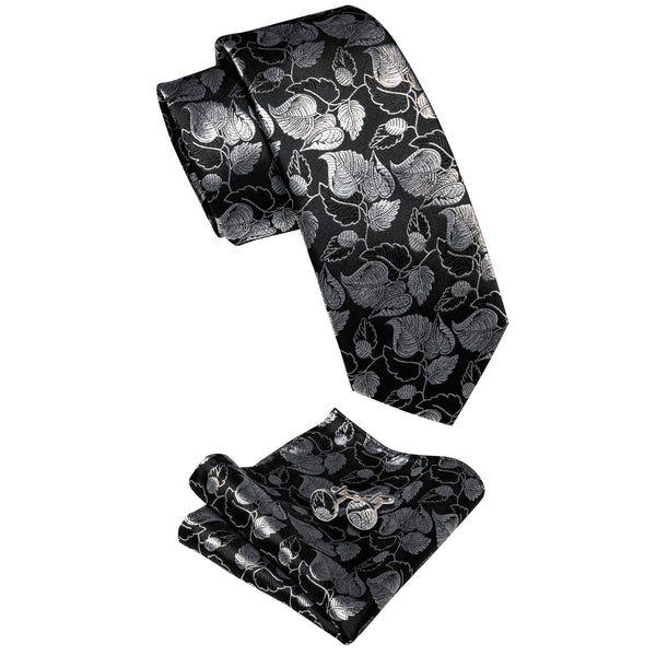  Black Wedding Tie Silver Floral Leaf Jacquard Men Necktie Set