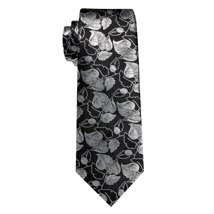  Black Wedding Tie Silver Floral Leaf Jacquard Men Necktie Set