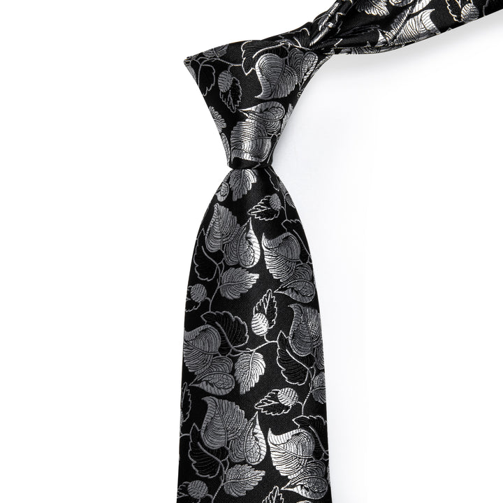  Black Wedding Tie Silver Floral Leaf Jacquard Men Necktie Set