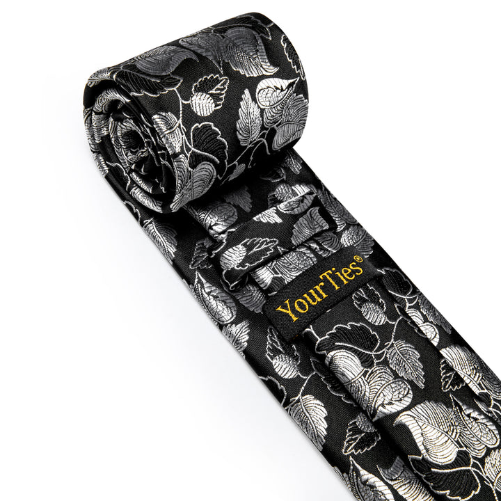  Black Wedding Tie Silver Floral Leaf Jacquard Men Necktie Set