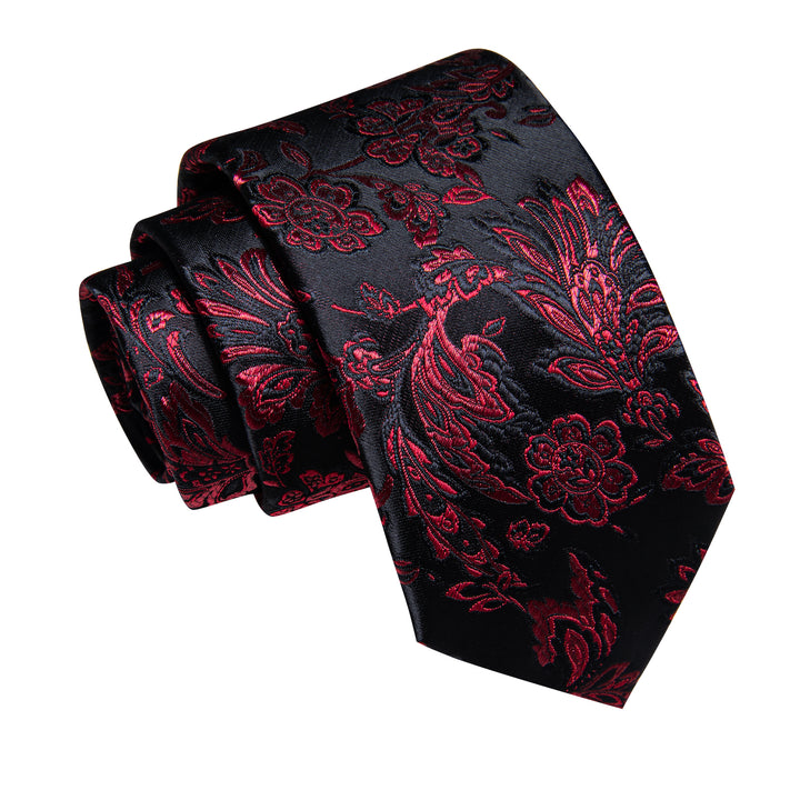 Dark Red Tie Floral Men's Necktie Pocket Square Cufflinks Set