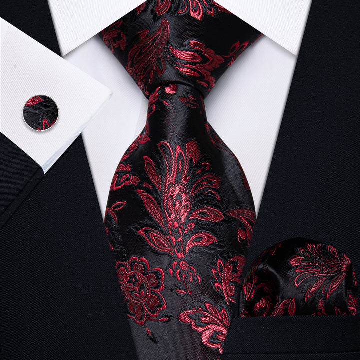 Dark Red Tie Floral Men's Necktie Pocket Square Cufflinks Set