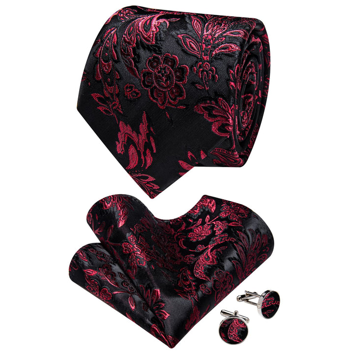  Men's Red Floral Tie Black Red Jacquard Wedding Tie Set