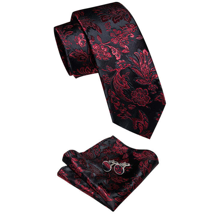 Dark Red Tie Floral Men's Necktie Pocket Square Cufflinks Set