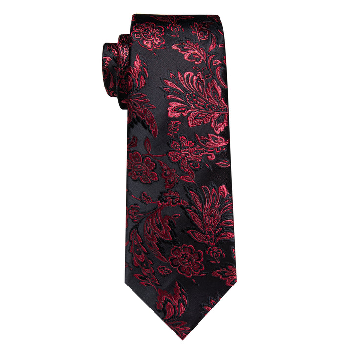 Dark Red Tie Floral Men's Necktie Pocket Square Cufflinks Set