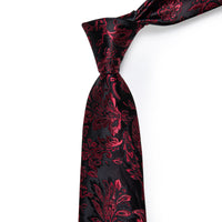 Dark Red Tie Floral Men's Necktie Pocket Square Cufflinks Set