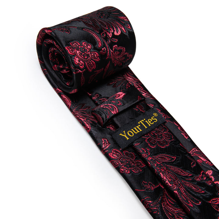 Dark Red Tie Floral Men's Necktie Pocket Square Cufflinks Set