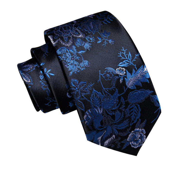 Blue Black Floral Men's Necktie Pocket Square Cufflinks Set